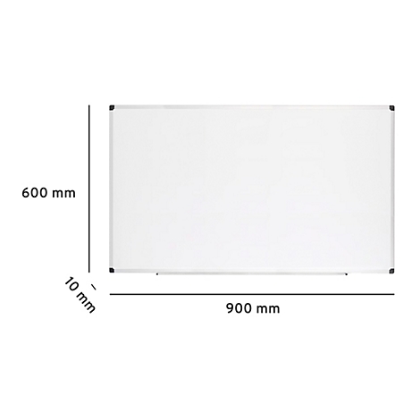 Un tableau blanc rectangulaire avec un cadre argenté. Les dimensions sont indiquées : 900 x 600 x 10 mm.