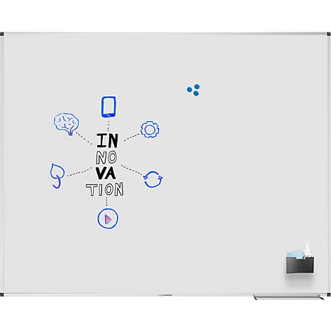 Sur un tableau blanc, le mot "INNOVATION" est affiché en bleu dans un diagramme, avec des symboles tels qu'un cerveau, un smartphone et une feuille.