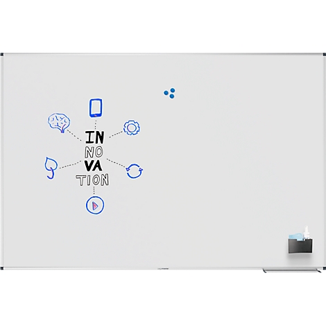Sur un tableau blanc, le mot "INNOVATION" est entouré d'icônes et d'un smartphone.