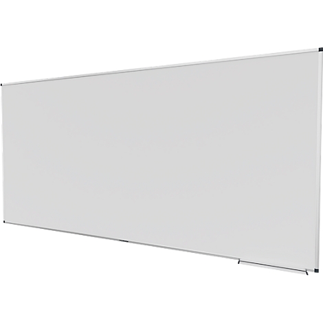 Grand tableau magnétique rectangulaire blanc avec un cadre argenté étroit. Le tableau est représenté en légère biais.