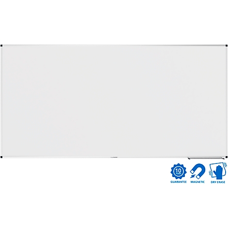 Grand tableau blanc rectangulaire avec des coins noirs. Inscription en bas : Garantie, magnétique, effaçable à sec.