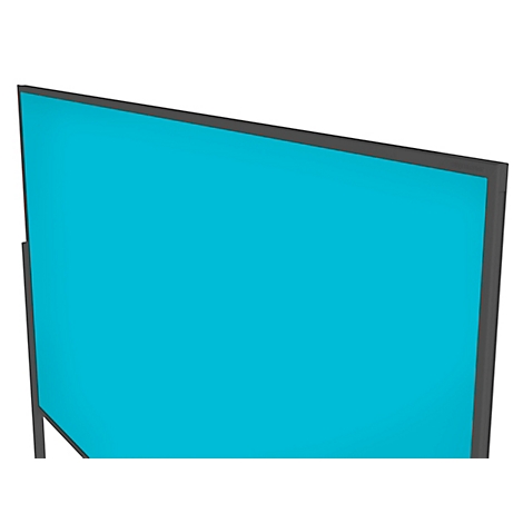 Un écran plat moderne avec un affichage turquoise vif sur fond blanc.