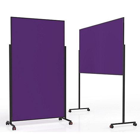 Deux cloisons mobiles violettes avec cadre en métal noir sur roulettes, sur fond blanc.