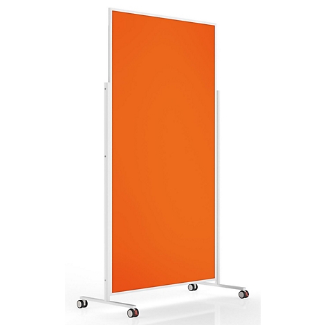 Séparation verticale orange avec cadre blanc sur roulettes, sur fond blanc.