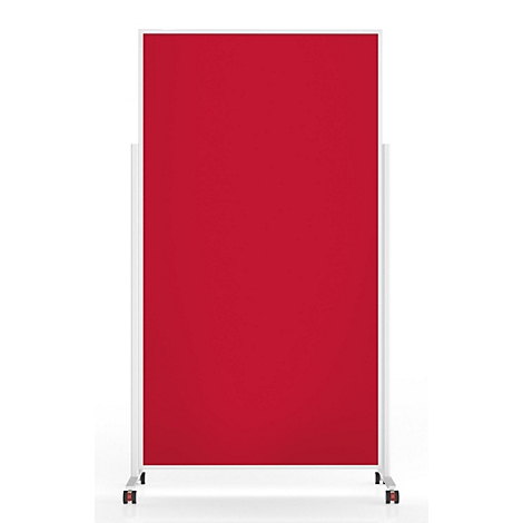Un séparateur de pièce rectangulaire rouge avec un cadre blanc sur roulettes, sur fond blanc.