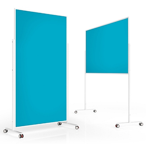Deux cloisons mobiles turquoise avec cadre blanc et roulettes sur fond blanc.