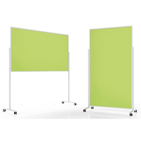 Deux cloisons de séparation mobiles vert clair sur un support blanc en format paysage et portrait sur fond blanc.