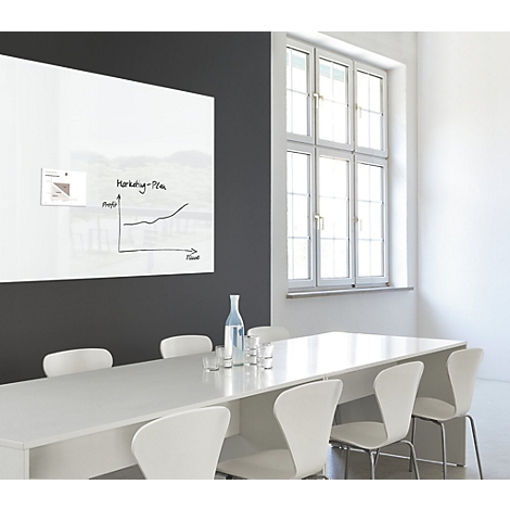 Grand tableau blanc dans une salle de conférence. Sur le tableau, il y a un graphique avec le titre "Marketing-Plan".