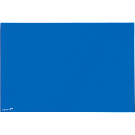 Una hoja de papel rectangular azul. Un logotipo de empresa se encuentra en la parte inferior izquierda.
