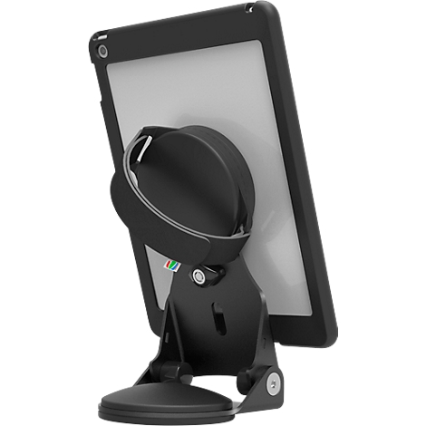 A black tablet holder with a suction cup. The tablet is held in a black case, which is attached to a rotating joint.