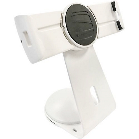 White tablet holder, consists of a holder, a swivel head with black print and a base.