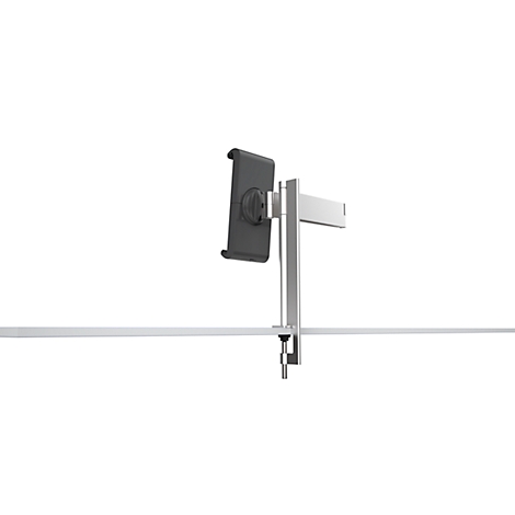 Metal tablet holder attached to bracket. Clamping device. White background.