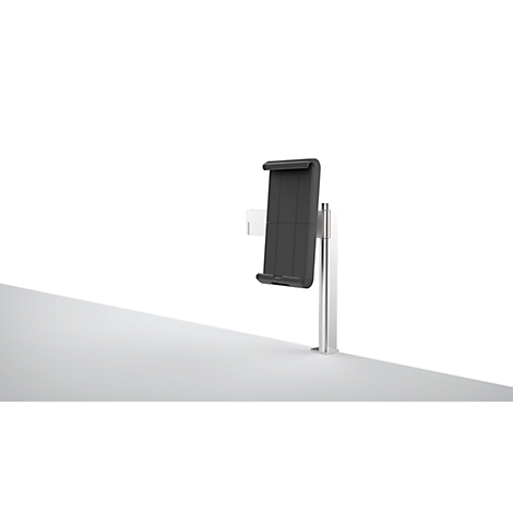 Black tablet holder mounted on a silver pole. Against a white background.