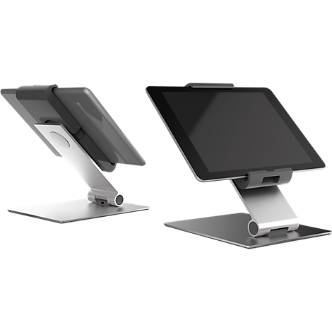 Silver tablet stand holding the tablet, with the display tilted upwards.