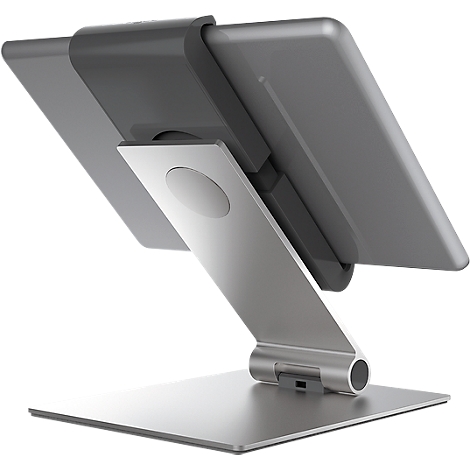Silver tablet stand, angled, with swivel tablet holder and square base.