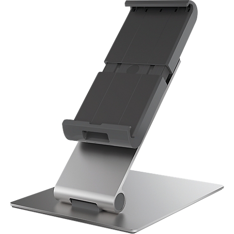 Gray tablet stand angled on a metal base.