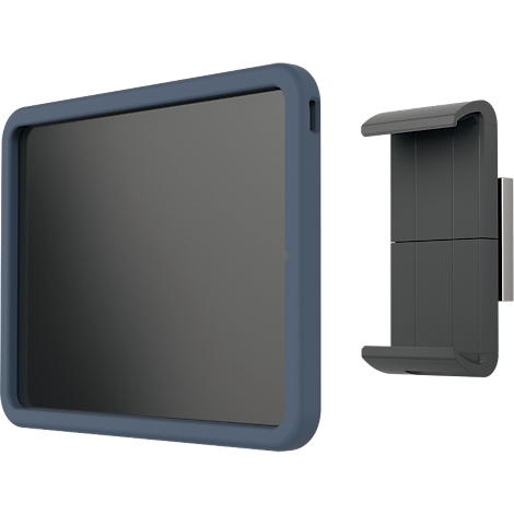Blue tablet in protective case and wall mount. Gray screen, dark holder with silver plate.
