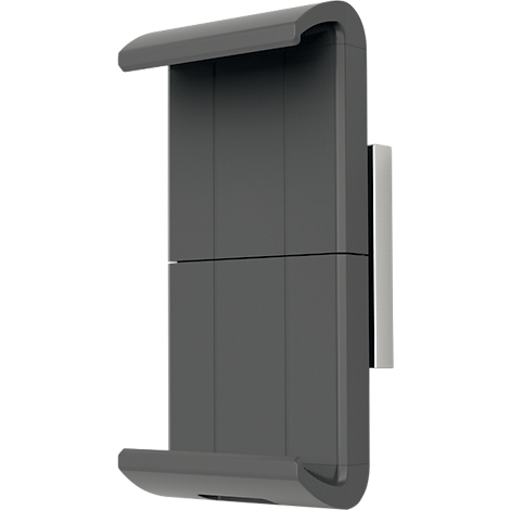 Dark grey tablet holder on the wall, with rounded top edge. Silver holder on the wall.