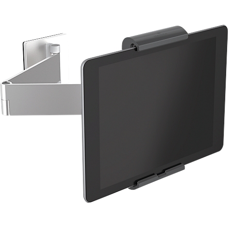 Gray tablet holder with a black tablet against a white background.