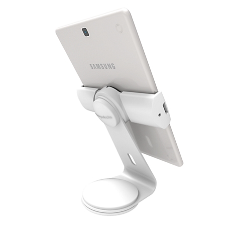 Witte tablet op een witte standaard. De tablet heeft de inscriptie Samsung.