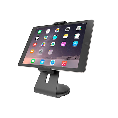 Zwarte tablethouder met een tablet met apps. De standaard heeft een ronde basis en een beugel die de tablet vasthoudt.