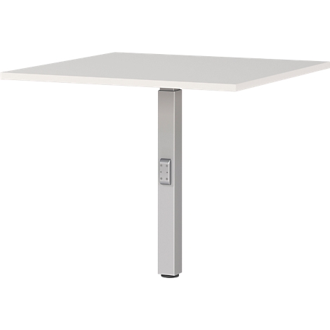 Une table blanche carrée avec une colonne argentée réglable en hauteur. Boutons de commande.