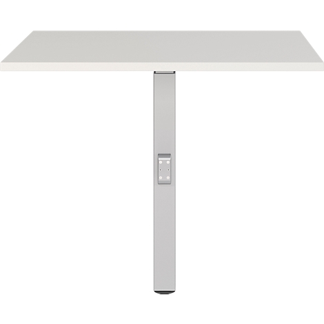 Une table blanche avec un plateau rectangulaire et un pied gris.