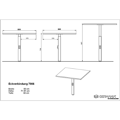 Différentes vues d'une table réglable en hauteur, avec dimensions. En bas à droite : une table avec connexion d'angle.