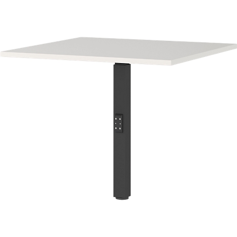 Une table carrée blanche avec une base en colonne noire. Il y a des boutons dans la colonne.