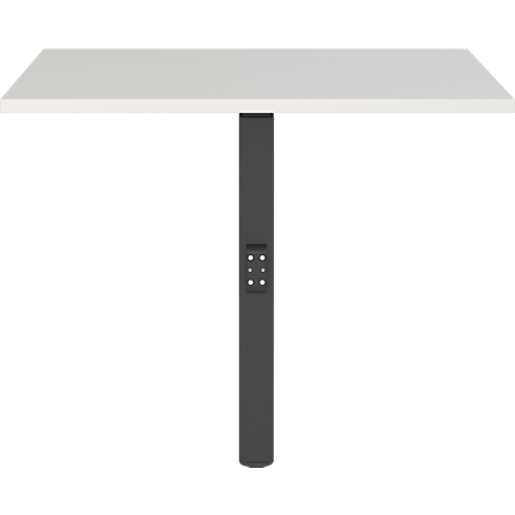 Table blanche avec pied noir réglable en hauteur. Il y a des boutons sur la jambe.