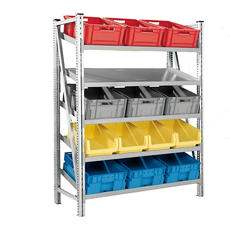 Un rayonnage de stockage avec des conteneurs rouges, gris, jaunes et bleus. Le cadre en métal porte les conteneurs de différentes couleurs.