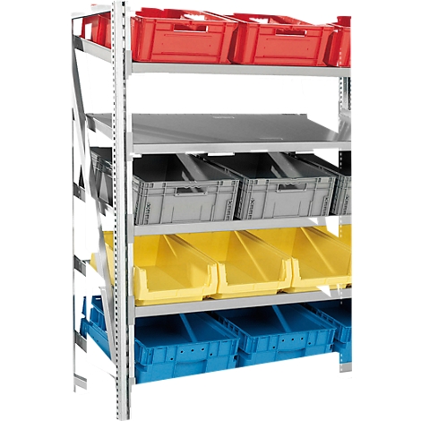 Une étagère métallique avec des boîtes en plastique rouges, grises, jaunes et bleues.