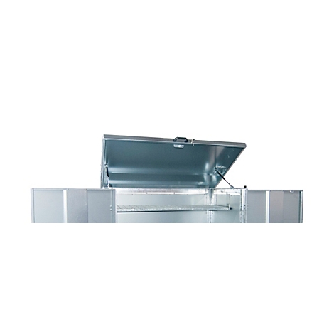 Coffre à outils argenté avec couvercle ouvert, une étagère à l'intérieur.