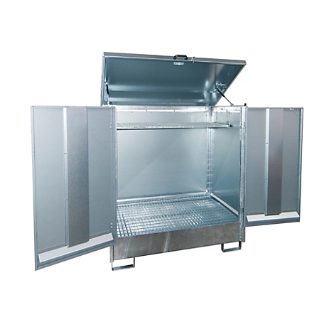 Armoire métallique ouverte, couvercle et portes ouverts, étagères et grillage à l'intérieur.