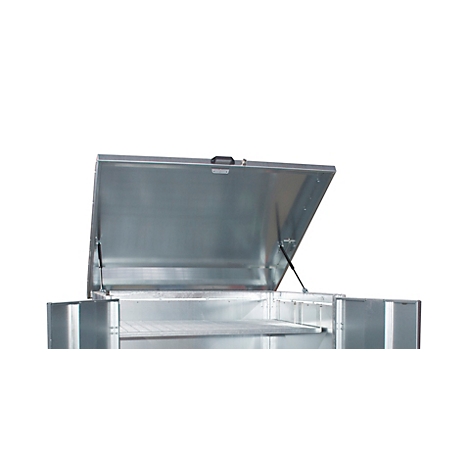 Coffre à outils en aluminium avec couvercle ouvert et étagère. Couleur grise, sur fond blanc.