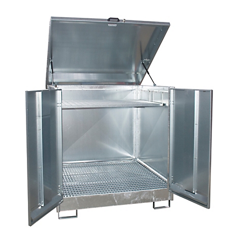 Armoire métallique ouverte avec couvercle ouvert et deux portes. À l'intérieur, des étagères et une grille.