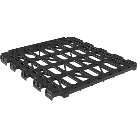 Grille en plastique noir, carrée, avec trous et entretoises.