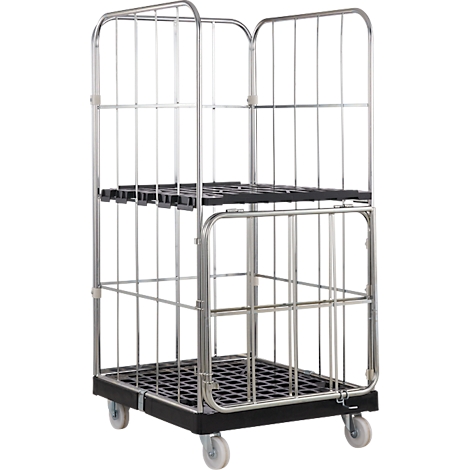 Chariot cage avec roues, structure grillagée, étagères noires.