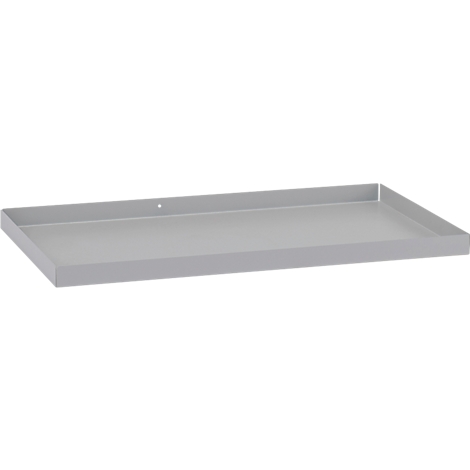 Plateau en métal rectangulaire gris avec des bords surélevés. Un trou en haut à gauche.