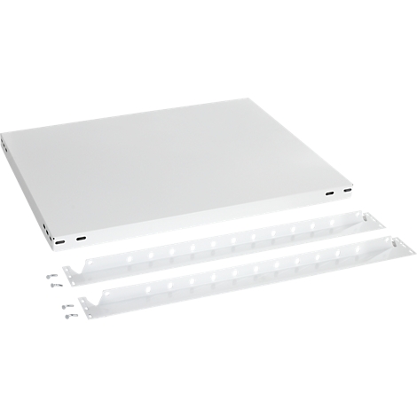 Étagère blanche avec supports et vis sur fond blanc.