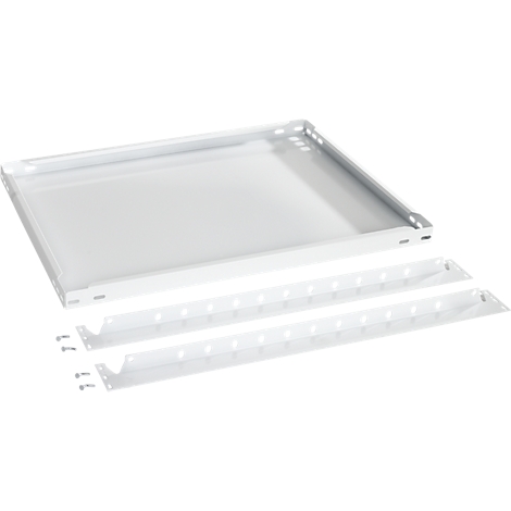 Étagère métallique blanche, démontée. Étagère et supports individuels avec vis.