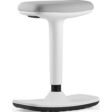 Tabouret debout blanc. Siège ovale gris, pied blanc, repose-pieds rond noir.