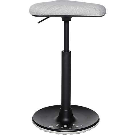 Un tabouret debout ergonomique avec une assise rembourrée grise, une colonne noire et un pied rond.