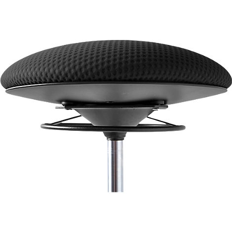 Tabouret rond noir, photographié d'en bas. Le siège est rembourré, le reste est en métal. Le repose-pieds rond est fixé à la tige par de fines tiges.