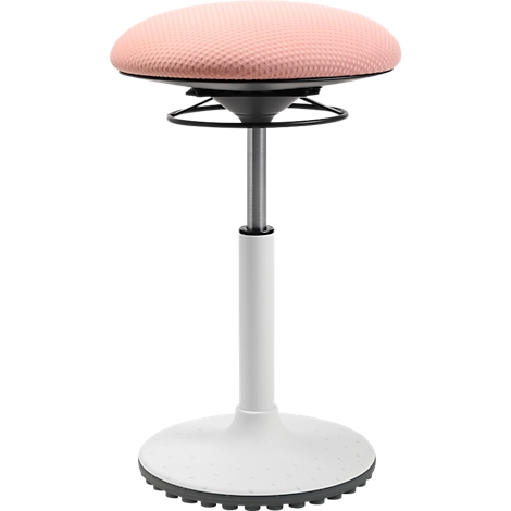 Un tabouret debout avec une assise rose et une base blanche.
