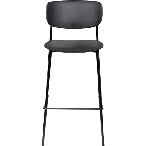 Tabouret de bar noir avec dossier, pieds en métal et repose-pieds, isolé sur fond blanc.