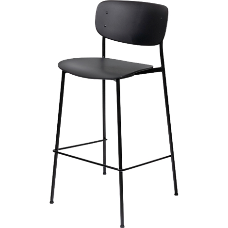 Tabouret de bar noir avec dossier et quatre pieds fins.
