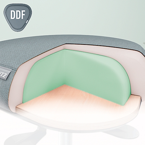 Coupe transversale d'une chaise : tissu gris, rembourrage vert et bois. L'étiquette "DDF" est visible.