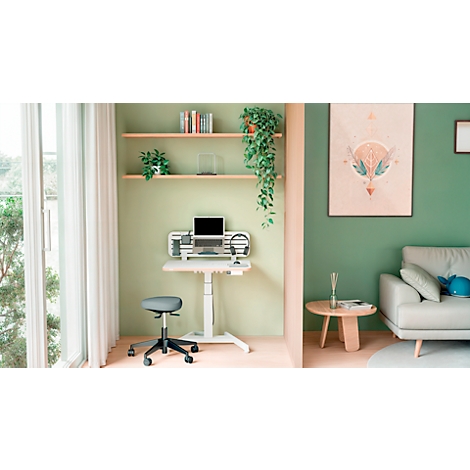Bureau dans une pièce lumineuse avec ordinateur portable, chaise de bureau et plantes.