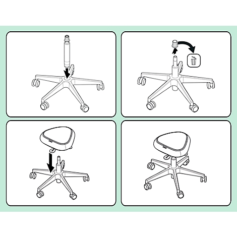 Instructions sur la façon d'assembler une chaise de bureau en quatre étapes. Les différentes pièces sont assemblées.